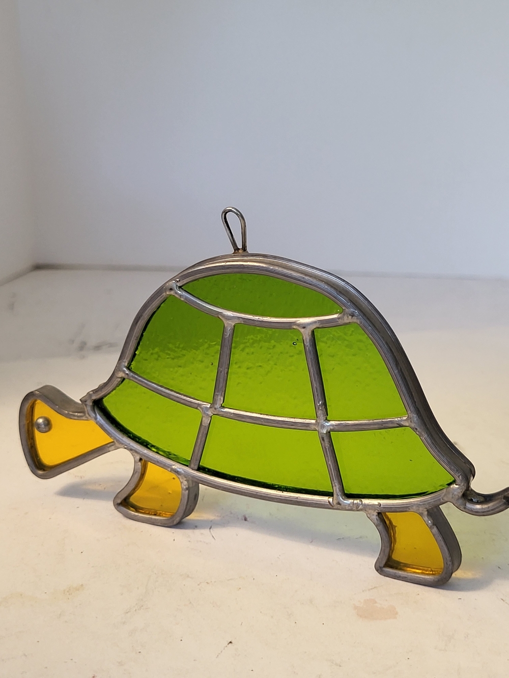 Vintage Green and Yellow Turtle Stained Glass Hanging Art